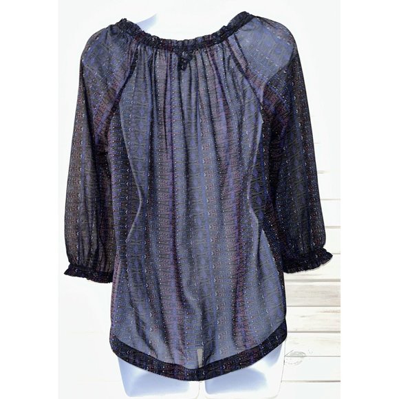 AMERICAN EAGLE Sz MEDIUM Poly Chiffon Peasant Blouse Tunic Blue Pink EUC - Picture 7 of 10